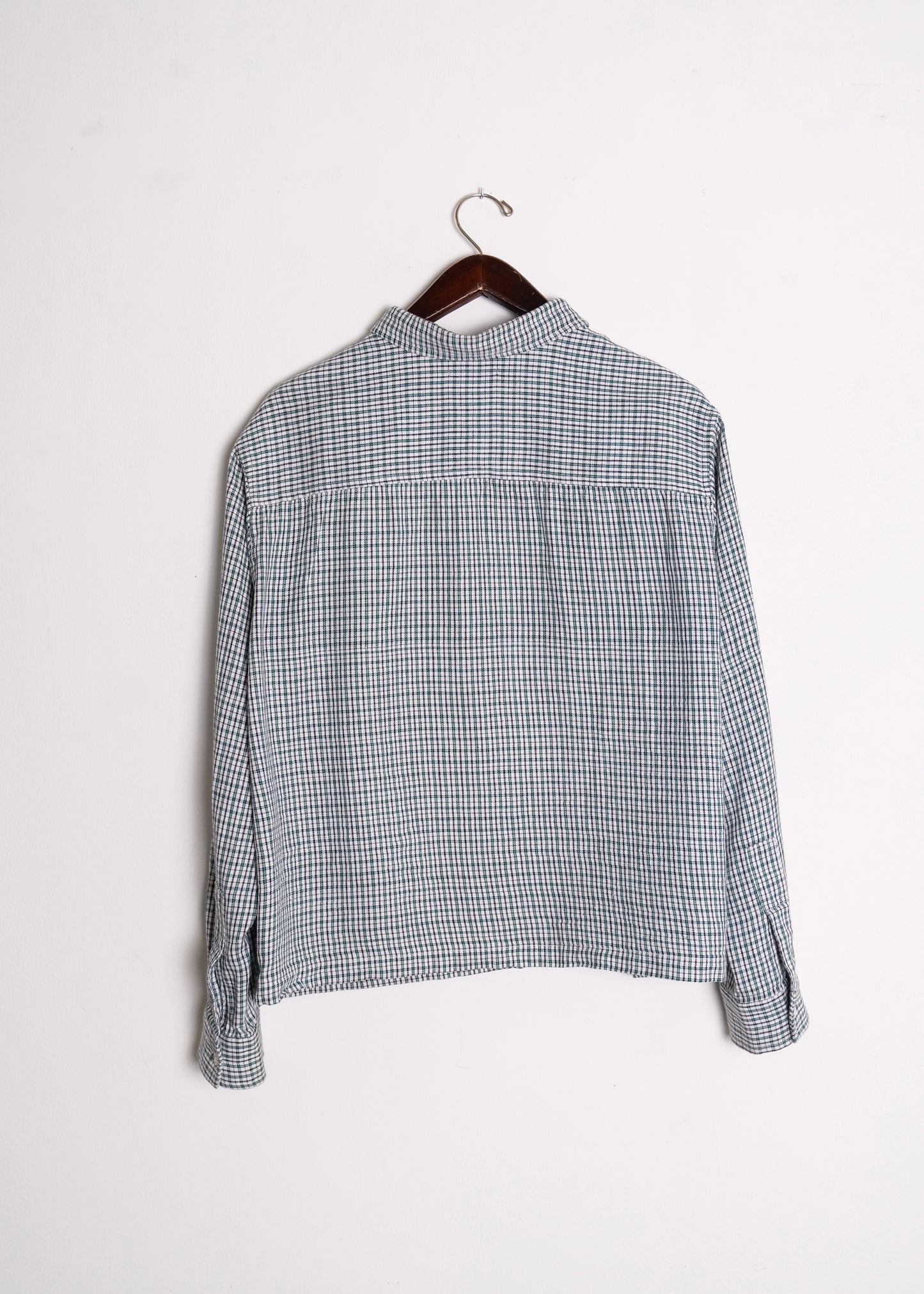  1960's Blue Check Flannel Shirt – back on hanger, vintage blue micro-check long-sleeve shirt with raw hem, upcycled – Lillies Studios