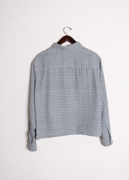  1960's Blue Check Flannel Shirt – back on hanger, vintage blue micro-check long-sleeve shirt with raw hem, upcycled – Lillies Studios