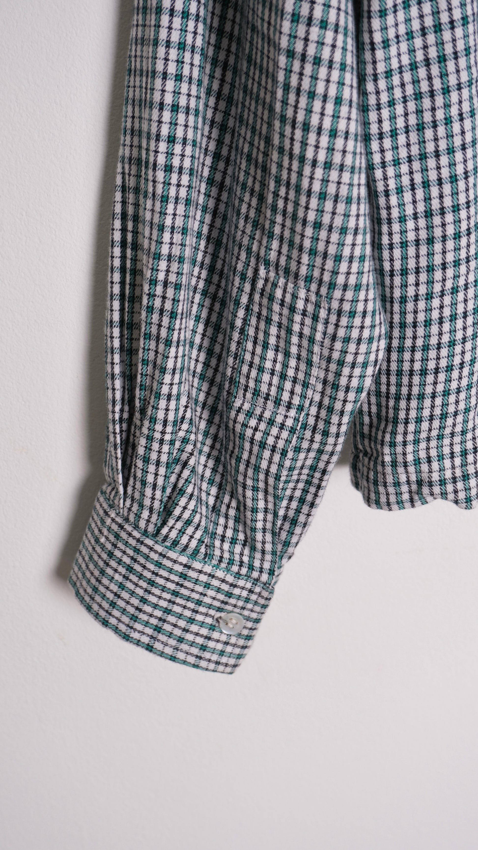 (cuff detail): 1960's Blue Check Flannel Shirt – cuff and sleeve detail, green and white micro-check vintage flannel with button cuff, upcycled – Lillies Studios