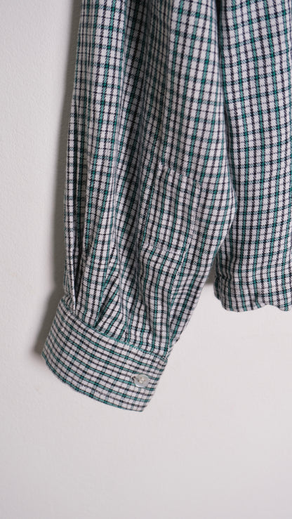 (cuff detail): 1960's Blue Check Flannel Shirt – cuff and sleeve detail, green and white micro-check vintage flannel with button cuff, upcycled – Lillies Studios