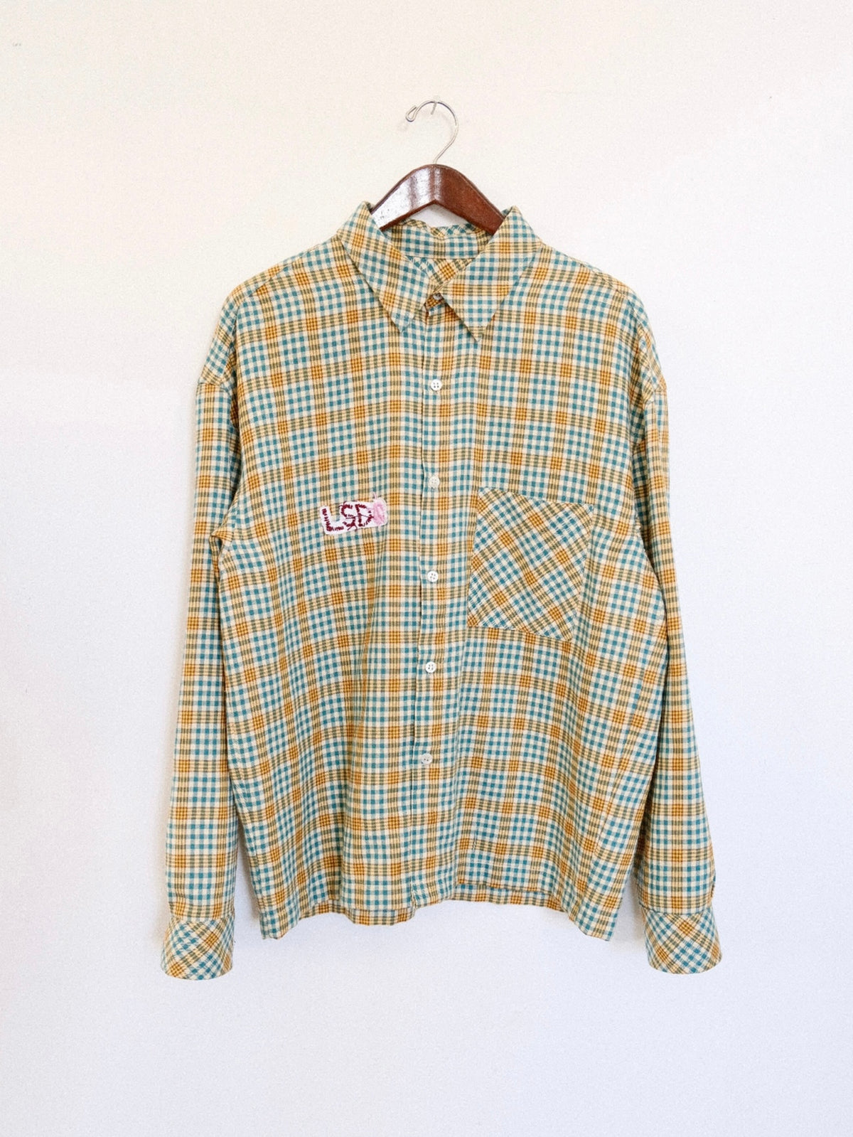Green Vintage Dead-stock Cotton Shirt – front view, oversized light green vintage 100% cotton dead-stock shirt – Lillies Studios