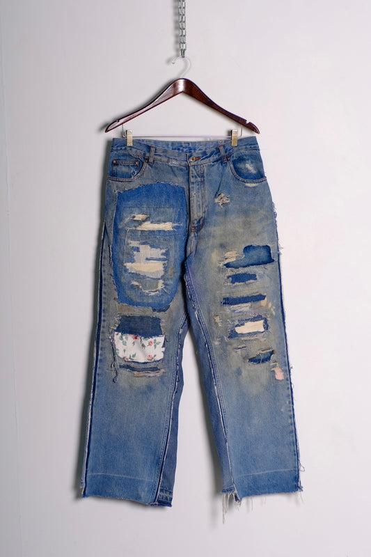 Double-Denim Patchwork Jeans