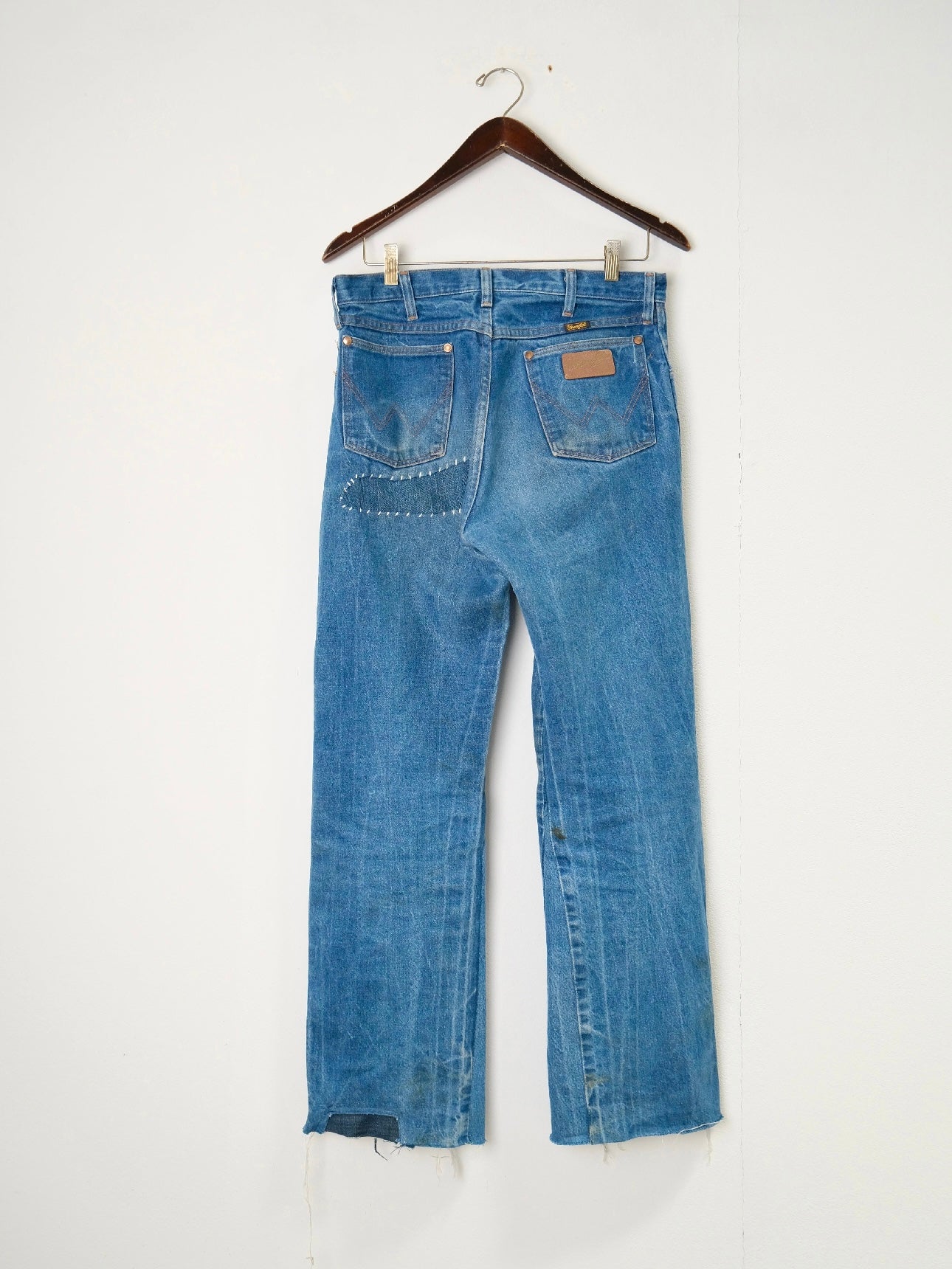Vintage Cowboy Cut Denim – back view, light-blue natural fade Wrangler denim with hand repairs – Lillies Studios