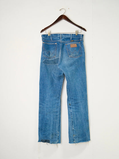 Vintage Cowboy Cut Denim – back view, light-blue natural fade Wrangler denim with hand repairs – Lillies Studios