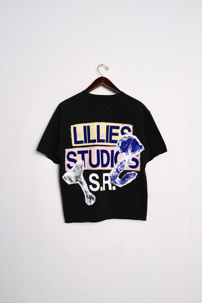 Black graphic print T-shirt from Vintage Dickies, showcasing upcycled workwear design.