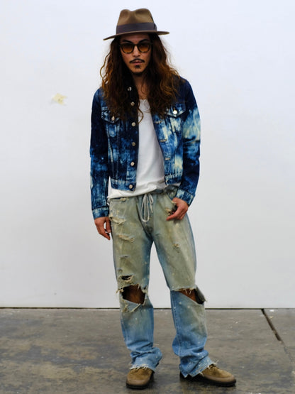 (worn styled): Bleached Patchwork Denim Jacket – worn full length, dark indigo bleach tie-dye trucker jacket styled with white tee and distressed jeans – Lillies Studios
