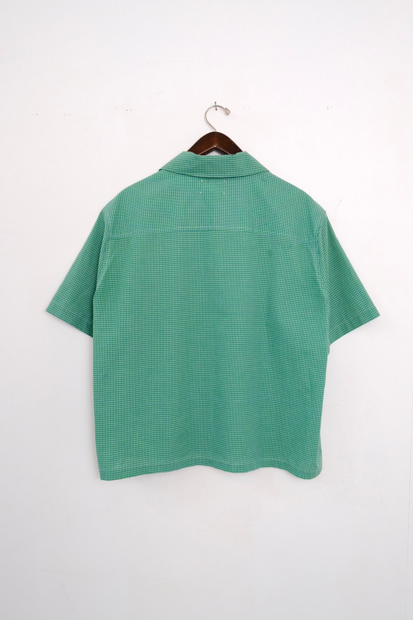 (hanger back): Cuban Collar Shirt Green – back on hanger, green micro-check camp collar shirt, upcycled deadstock fabric – Lillies Studios