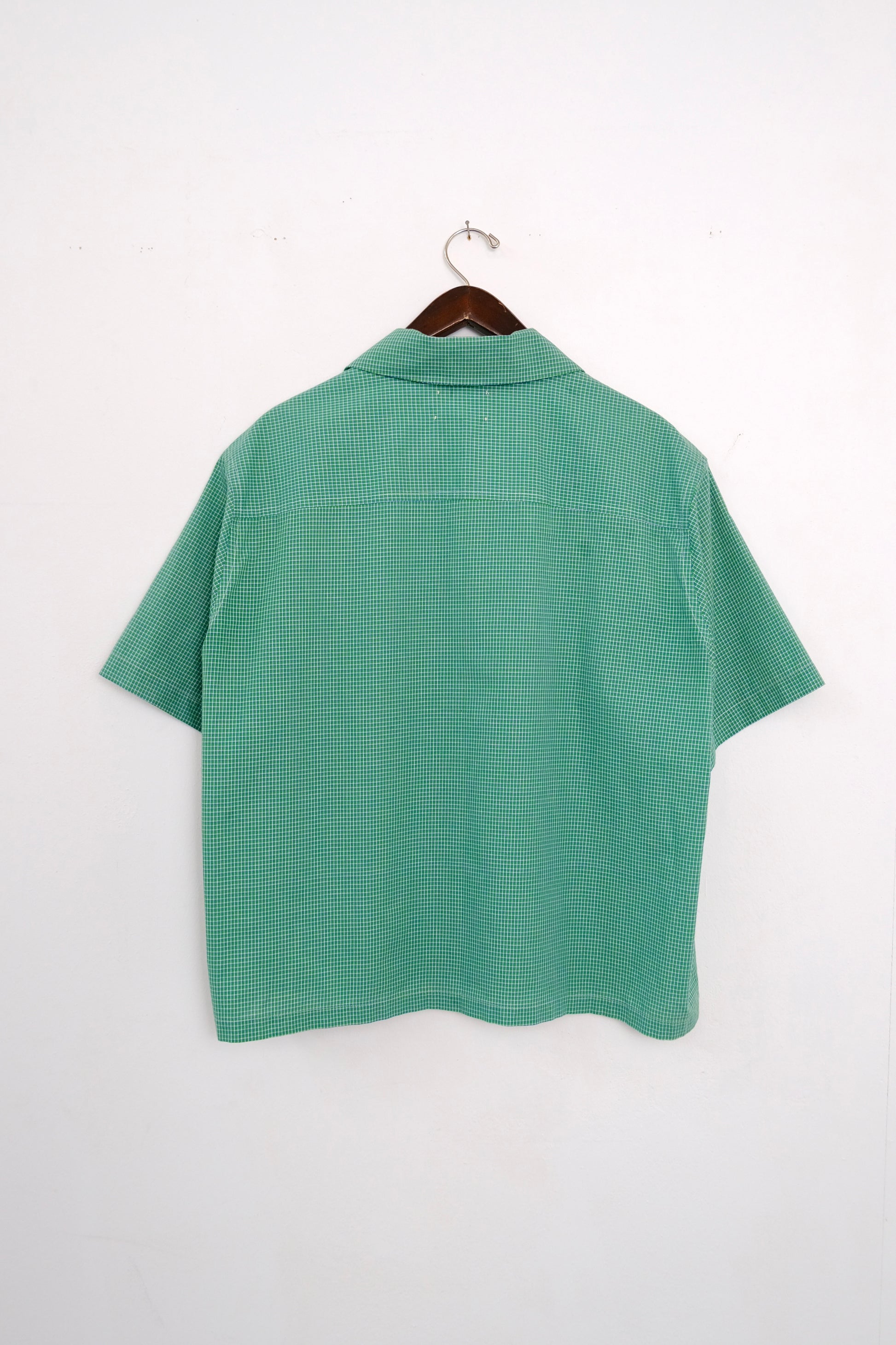 (hanger back): Cuban Collar Shirt Green – back on hanger, green micro-check camp collar shirt, upcycled deadstock fabric – Lillies Studios