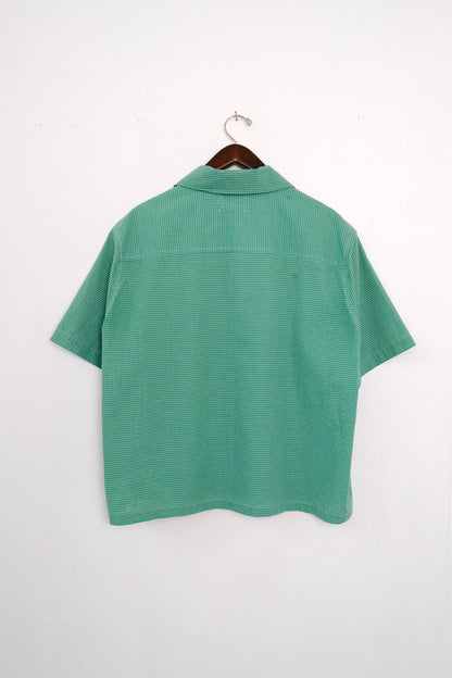 (hanger back): Cuban Collar Shirt Green – back on hanger, green micro-check camp collar shirt, upcycled deadstock fabric – Lillies Studios