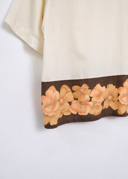 Floral Cuban Collar Shirt – cream camp collar shirt with peach floral hem and collar detail, handmade upcycled – Lillies Studios