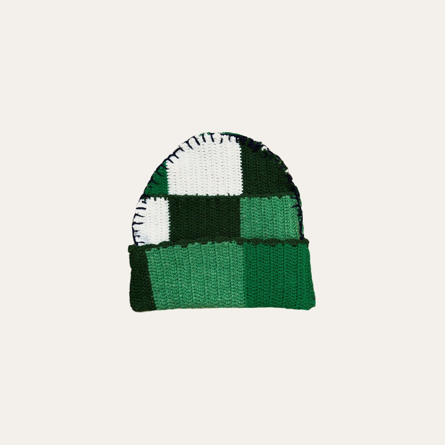 Up-cycled crochet beanie in green and white, hand-crafted, unique oversized design, one size fits all.