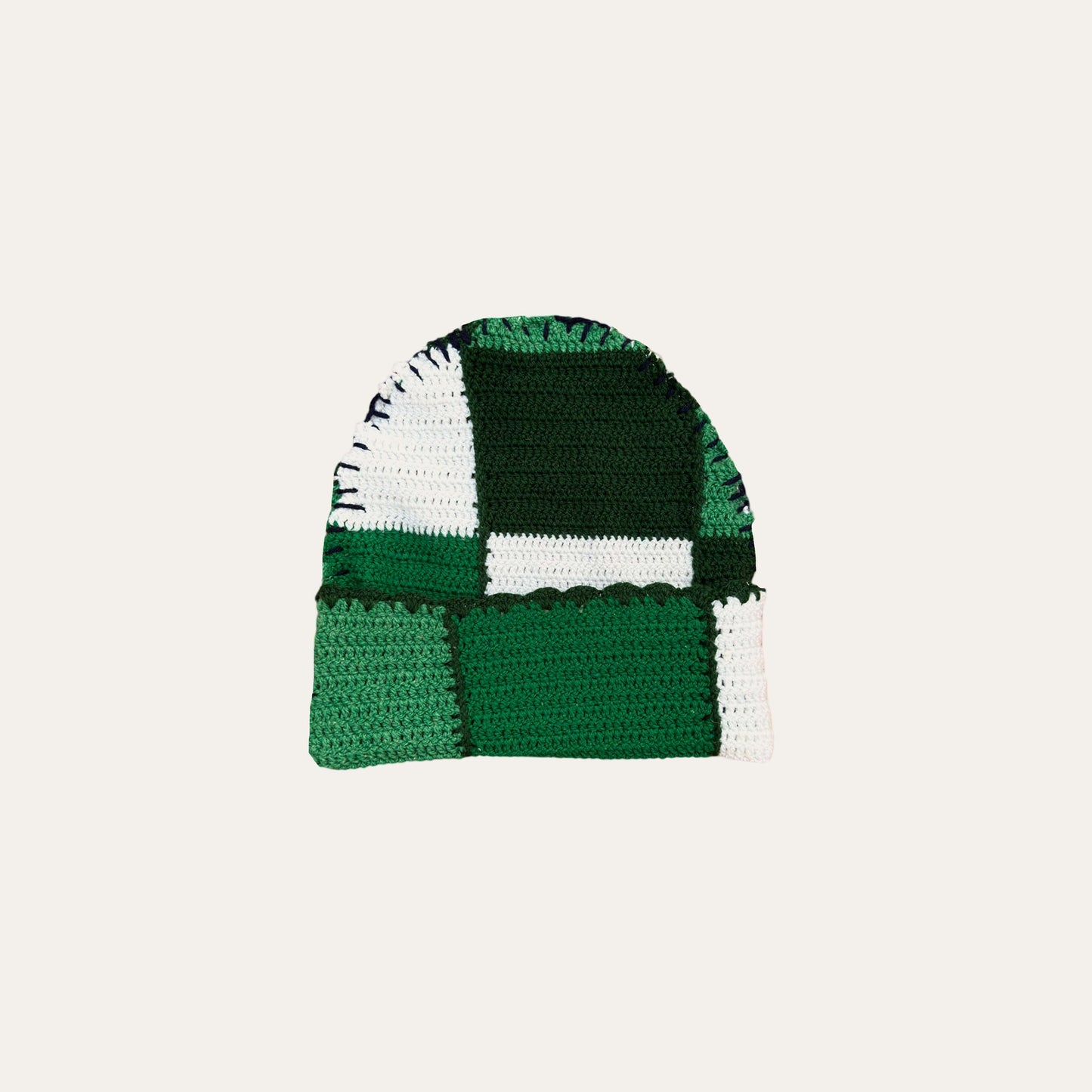 Up-cycled crochet beanie in green and white, hand-crafted, unique oversized design, one size fits all.