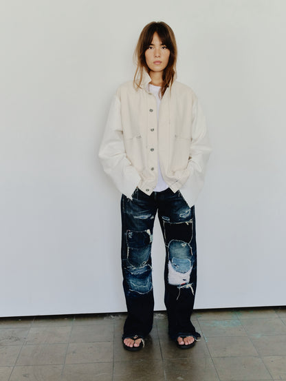 worn full): Japanese Selvedge Patchwork Denim – full length worn, dark indigo straight-leg jeans with mixed fabric patchwork repairs, upcycled – Lillies Studios
