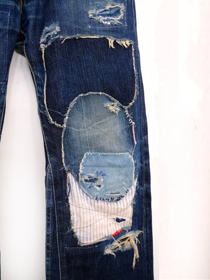 (full detail): Japanese Selvedge Patchwork Denim – full length detail, upcycled dark indigo selvedge denim with mixed fabric patches – Lillies Studios