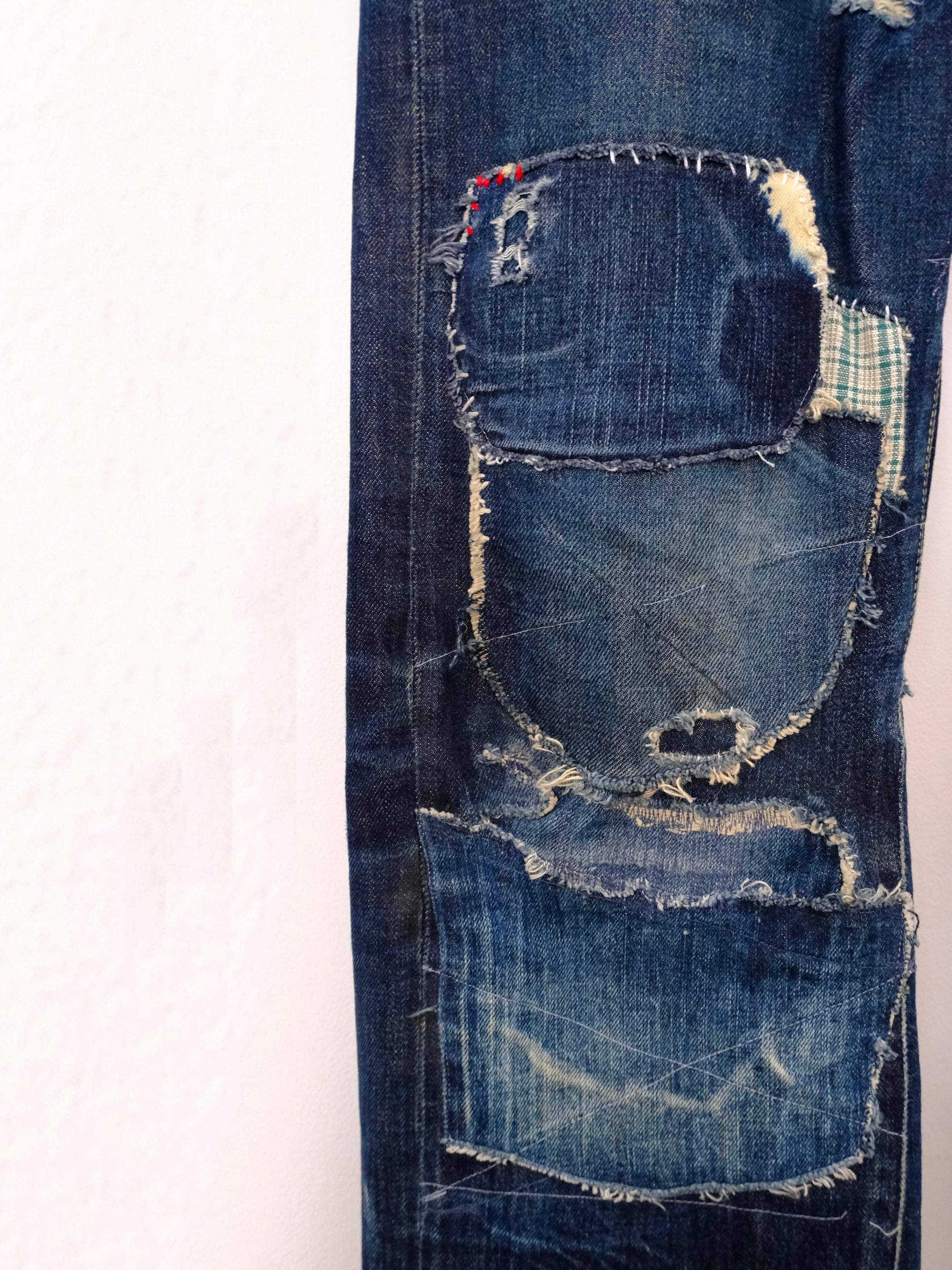 (patch detail): Japanese Selvedge Patchwork Denim – patchwork detail, upcycled dark indigo selvedge denim – Lillies Studios