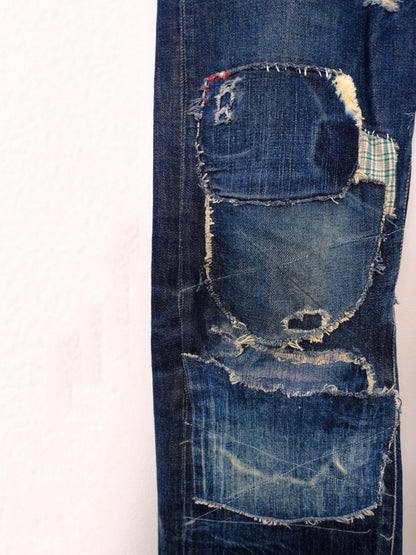 (patch detail): Japanese Selvedge Patchwork Denim – patchwork detail, upcycled dark indigo selvedge denim – Lillies Studios