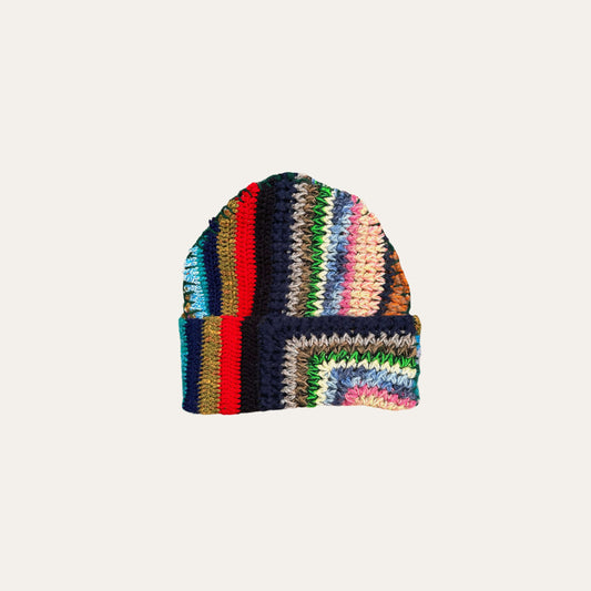 Up-cycled crochet beanie in Multi-coloured, hand-crafted, unique oversized design, one size fits all.