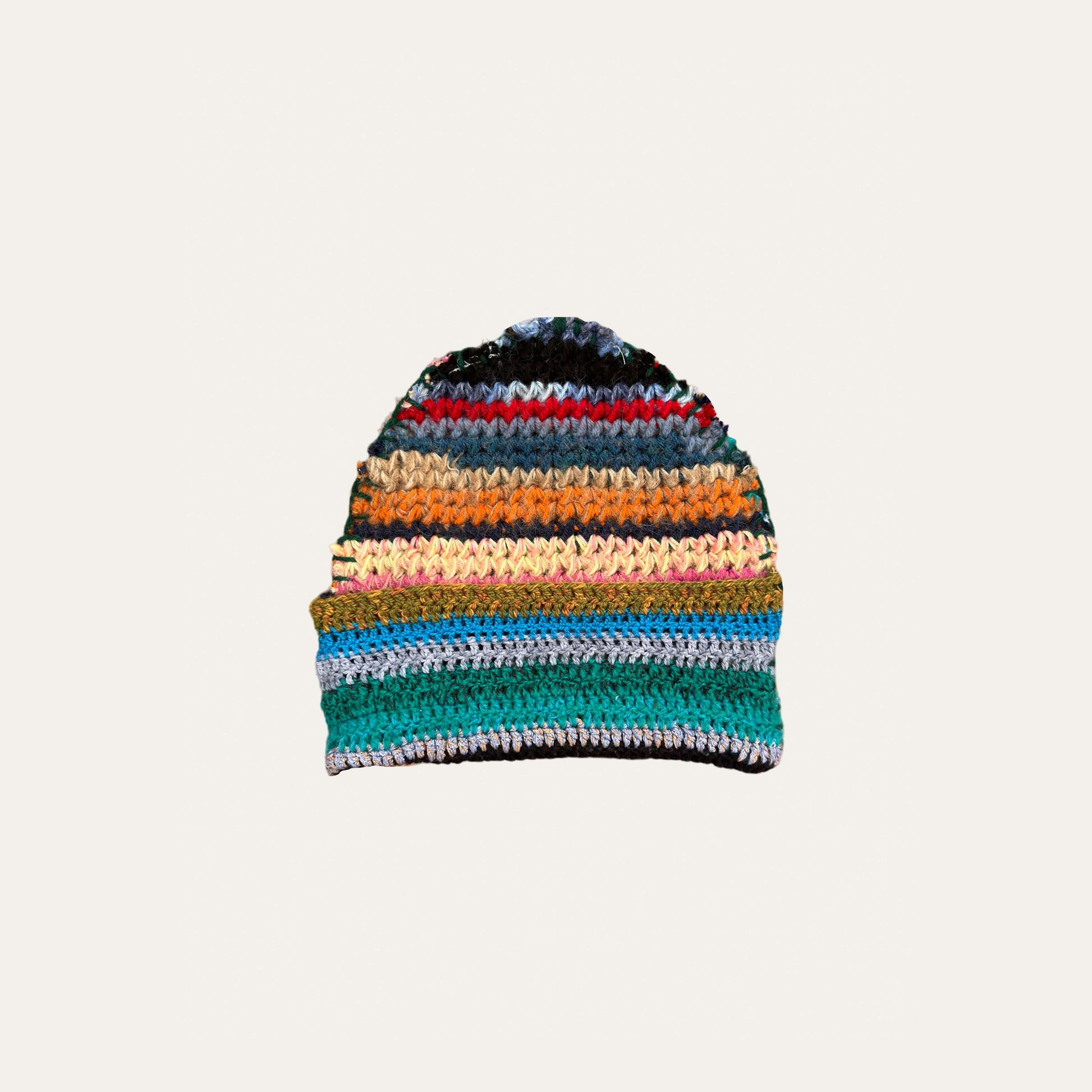 Up-cycled crochet beanie in Multi-coloured, hand-crafted, unique oversized design, one size fits all.