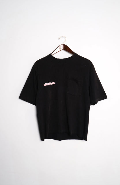 Recycled Black Graphic Print T-shirt – back on hanger with Lillies Studios chest logo, upcycled – Lillies Studios