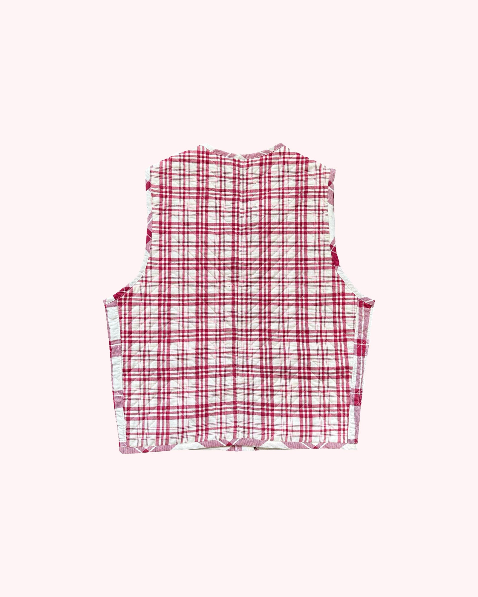 (flat back): Up-cycled Grandmother's Vest – flat lay back, pink plaid quilted vest, upcycled vintage fabric – Lillies Studios