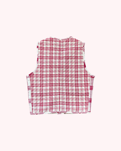 (flat back): Up-cycled Grandmother's Vest – flat lay back, pink plaid quilted vest, upcycled vintage fabric – Lillies Studios