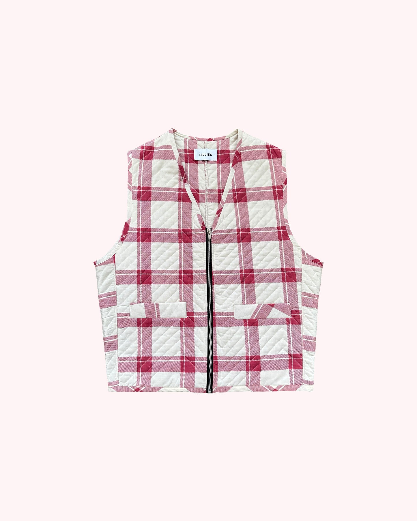 (flat front): Up-cycled Grandmother's Vest – flat lay front, pink plaid quilted zip vest with dual pockets, upcycled – Lillies Studios