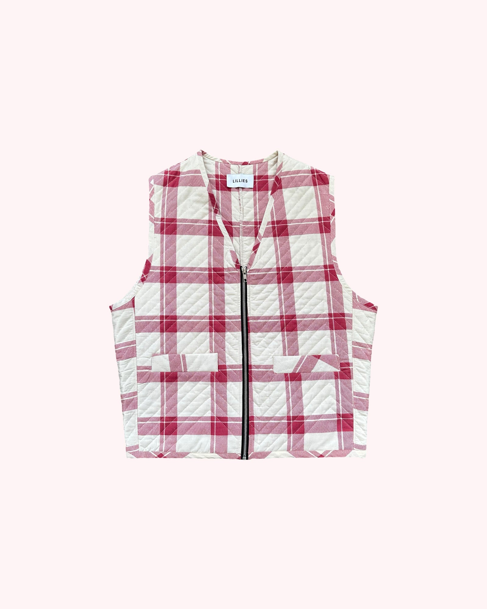 (flat front): Up-cycled Grandmother's Vest – flat lay front, pink plaid quilted zip vest with dual pockets, upcycled – Lillies Studios