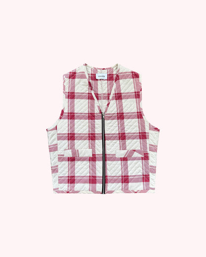 (flat front): Up-cycled Grandmother's Vest – flat lay front, pink plaid quilted zip vest with dual pockets, upcycled – Lillies Studios