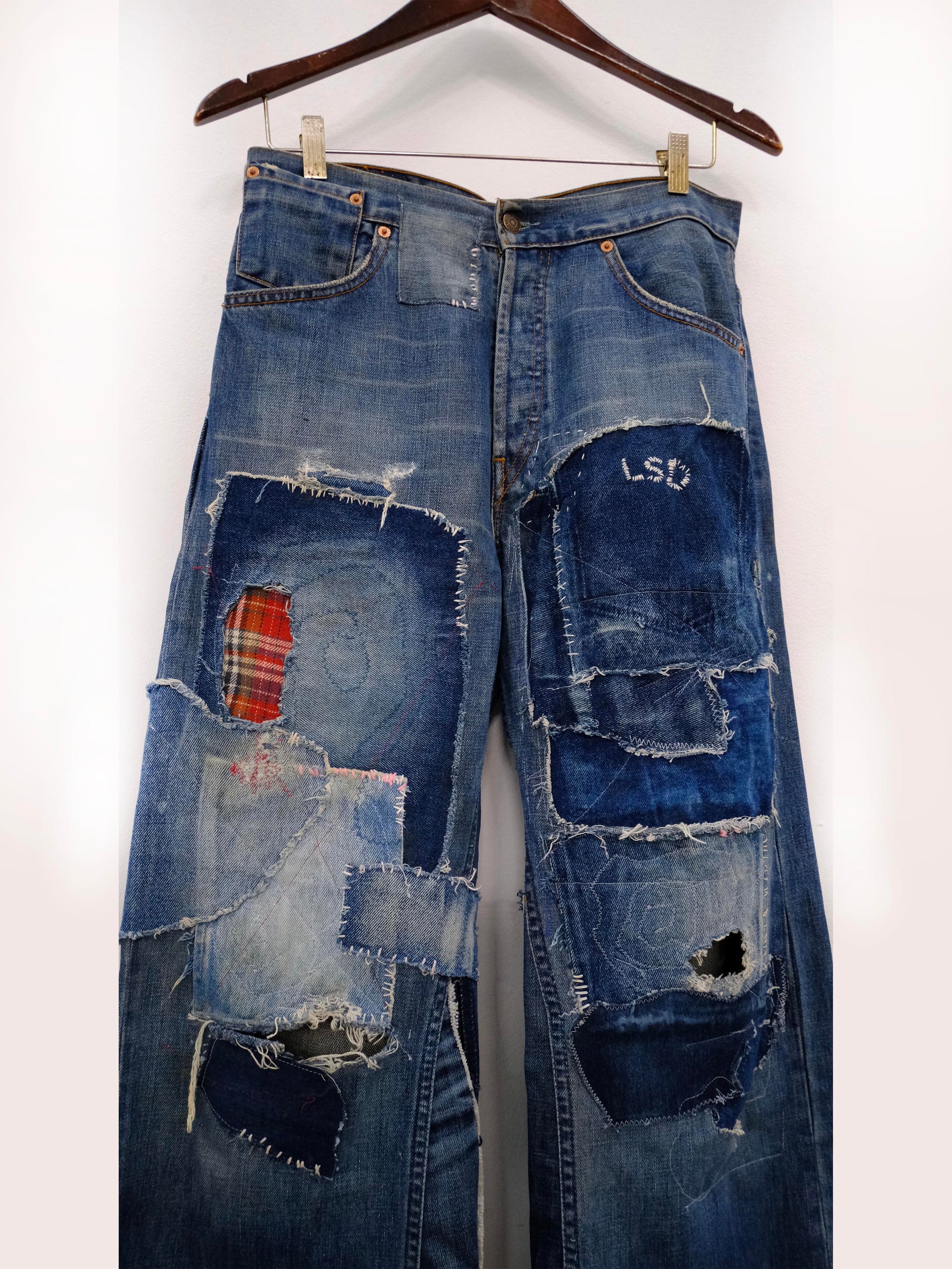 (front close-up upper): Wide Leg Japanese Patchwork Denim – upper front detail, wide-leg jeans with layered denim patchwork and LSD embroidery, upcycled – Lillies Studios