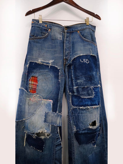 (front close-up upper): Wide Leg Japanese Patchwork Denim – upper front detail, wide-leg jeans with layered denim patchwork and LSD embroidery, upcycled – Lillies Studios