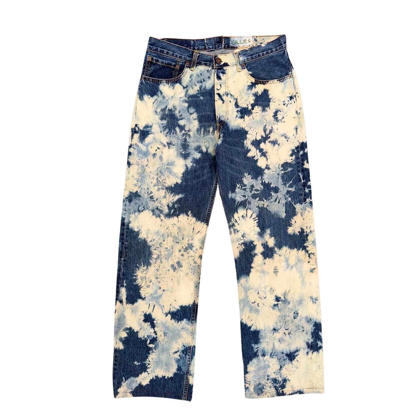 The Frost Jeans are a pair of classic blue, vintage wide leg jeans that have been hand-bleached using a unique technique giving the jean an appearance of frost.