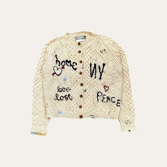 Hand-embroidered fisherman sweater Cardigan with vintage inspired typography, crafted from genuine second-hand Irish Aran Sweaters.