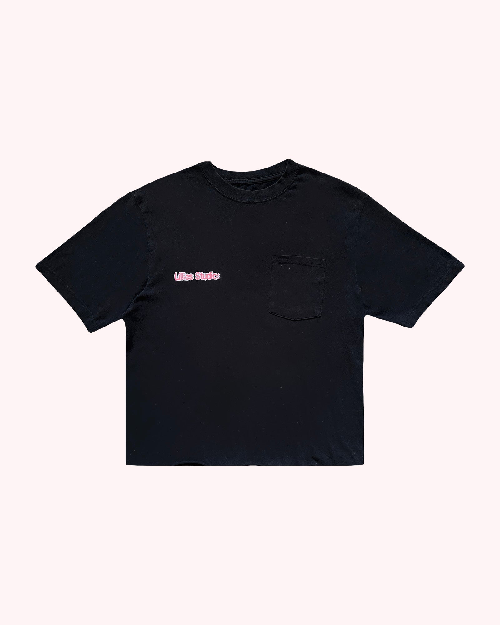 Black t-shirt with a small pink logo on a white background