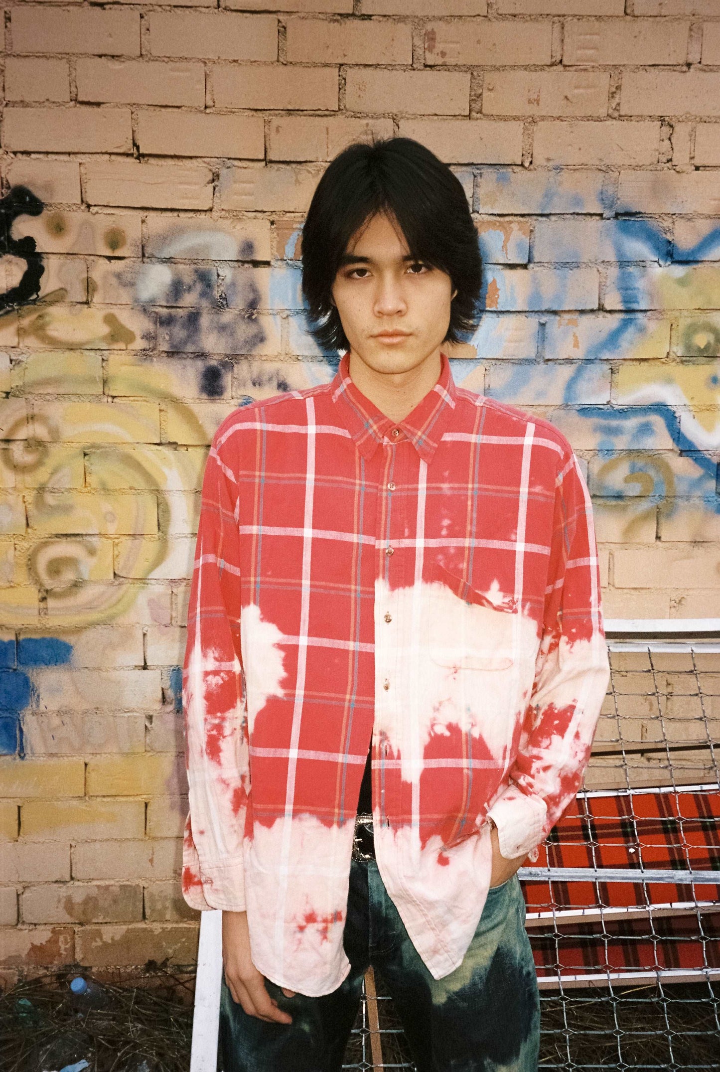 100% cotton vintage shirt with red check that has been hand-dyed with lighter pink colours throughout garment